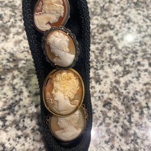 Authentic Vintage carved shell Cameo Brooch 4 piece Set in Gold and Silver